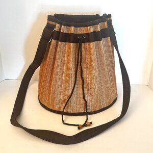 Saraye Drawstring Large Bucket Baskets of Cambodia Woven Striped Shoulder Brown